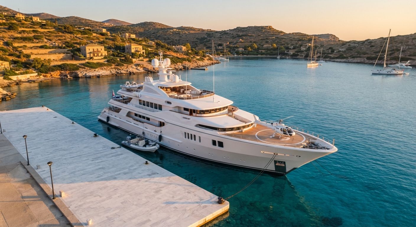 Luxury superyacht moored in Mediterranean harbour — contact The Superyacht Galley for your galley project