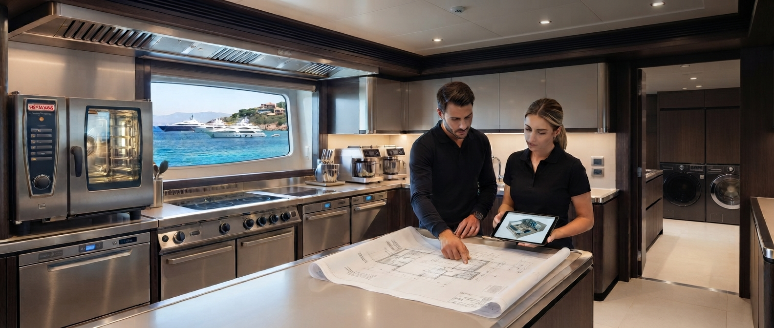 Professional superyacht galley interior — stainless steel marine cooking equipment, refrigeration and cabinetry designed and supplied by The Superyacht Galley