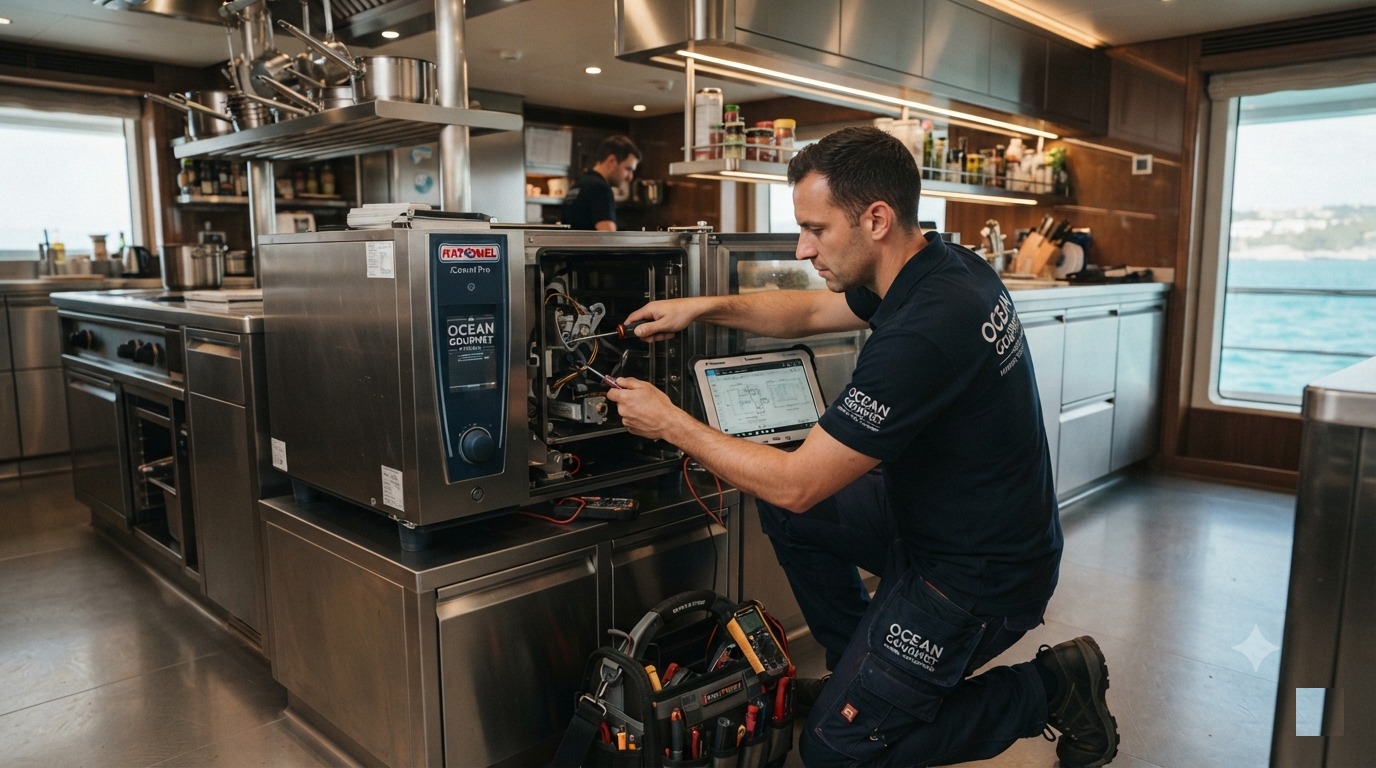 Superyacht galley technical support specialist attending to equipment maintenance aboard a luxury motor yacht during a Mediterranean port stop