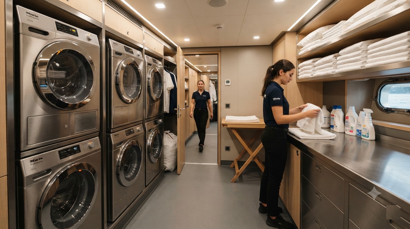 Superyacht laundry room showing commercial marine washing machines, dryers and pressing equipment correctly installed aboard a luxury motor yacht