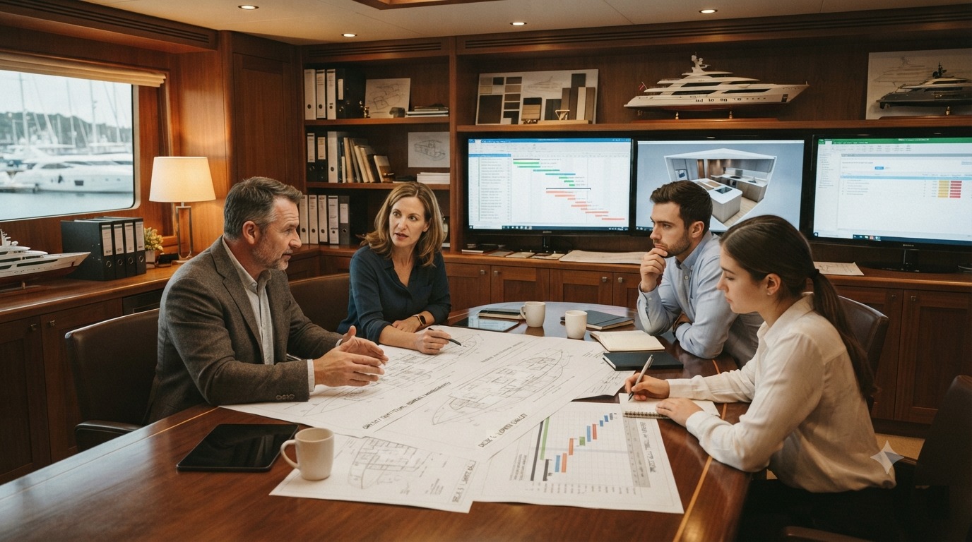 Superyacht galley project management team coordinating equipment delivery and installation at a European refit yard