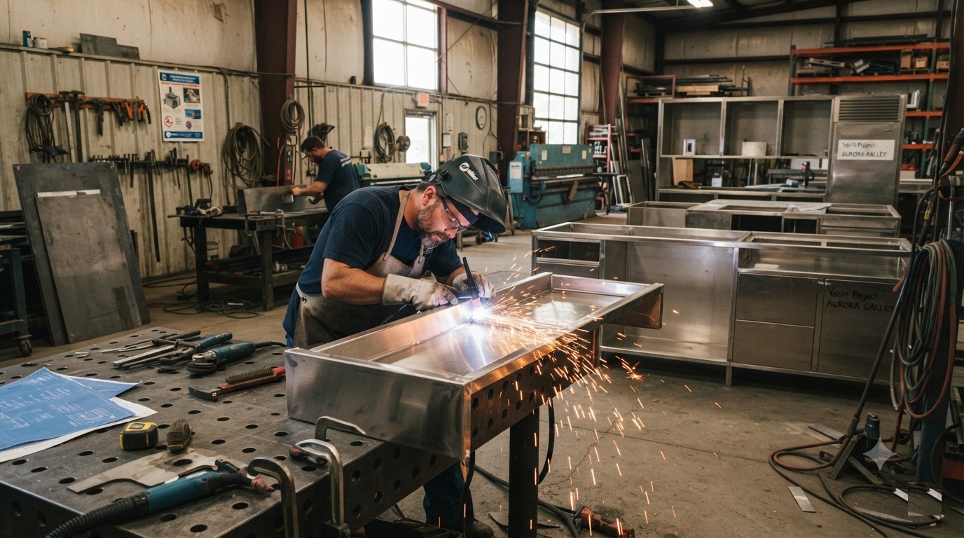 Custom marine-grade 316L stainless steel galley fabrication showing precision-welded worktops and equipment stands for a new build superyacht galley