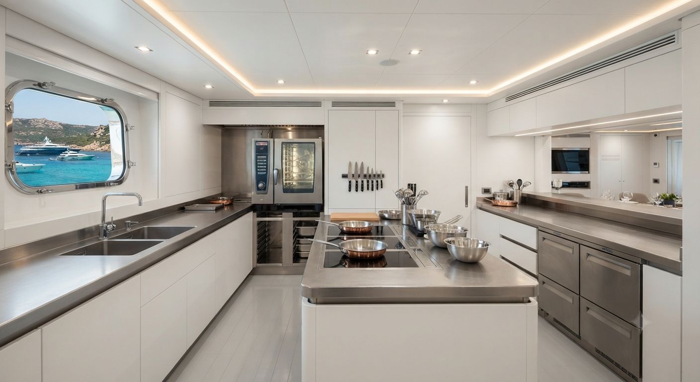 Professional superyacht galley equipment — stainless steel marine cooking, refrigeration and preparation equipment specified by The Superyacht Galley