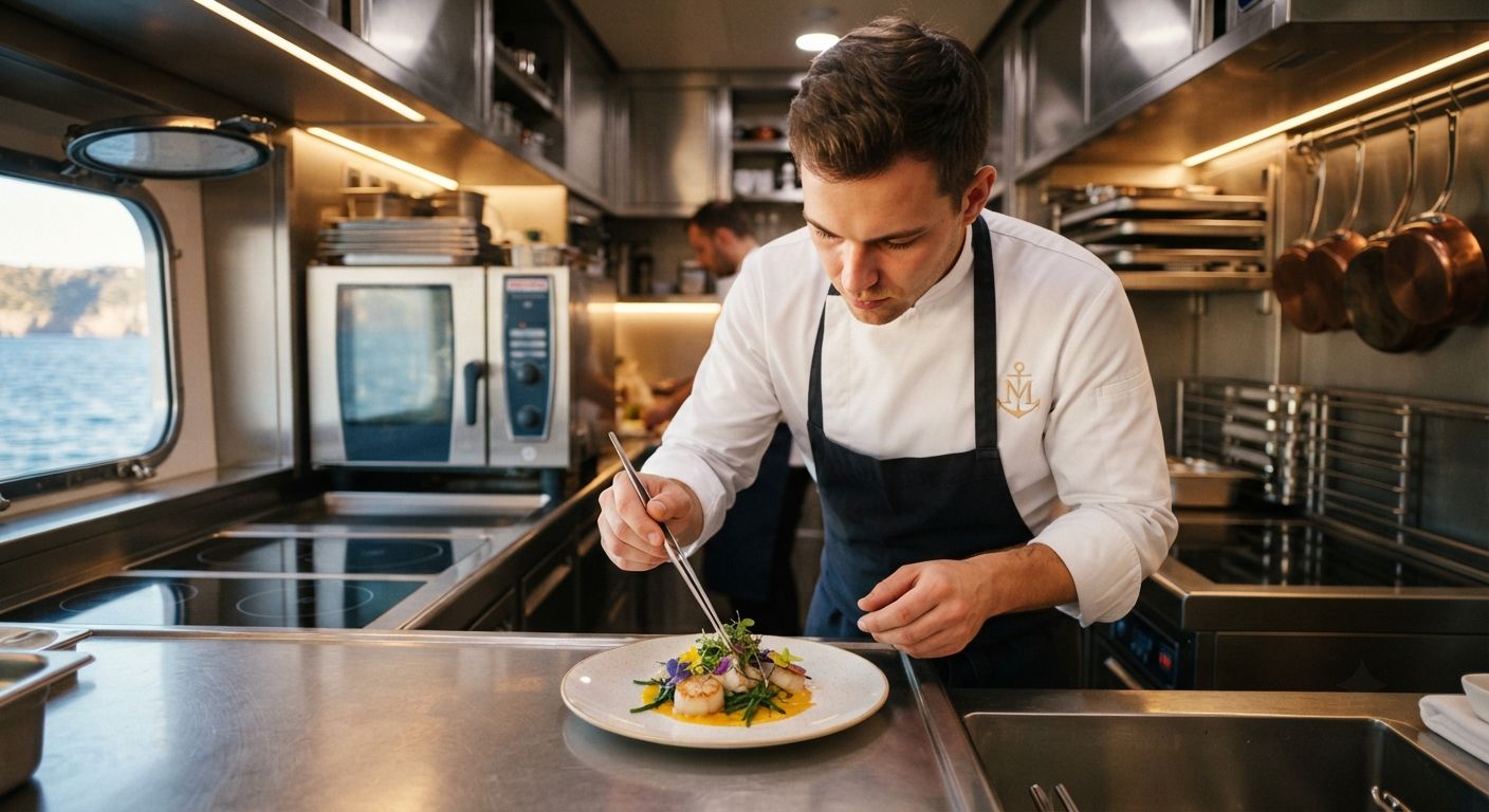Superyacht chef presenting a finished dish in a professional marine galley — The Superyacht Galley